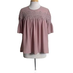 Lucky Brand Dusty Rose Lace Yoke Short Sleeve Blouse